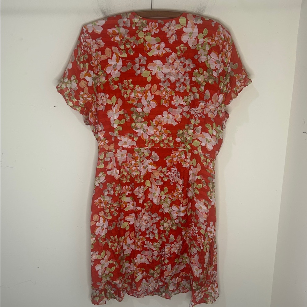 J. JILL Floral Short Sleeve True Wrap Dress in Papaya Red Rayon Size Large - Picture 4 of 16
